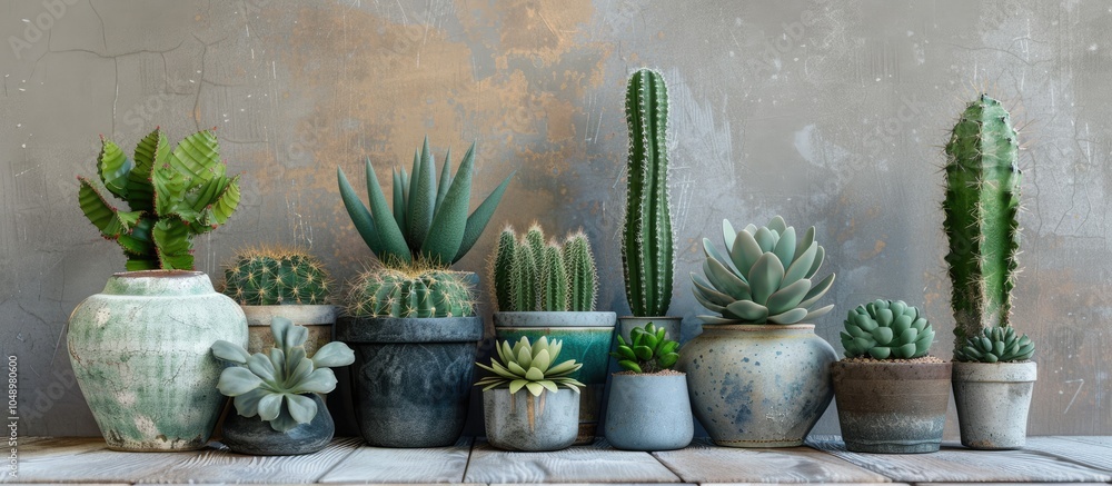 Aufkleber A variety of cactus and succulent plants in different pots. with copy space image. Place for adding text or design