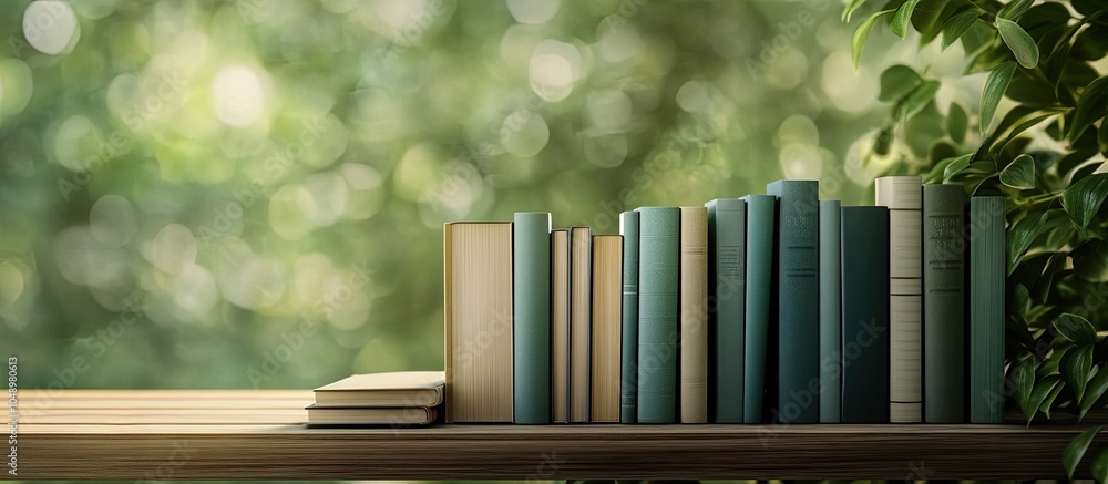 Poster A variety of books arranged on a wooden table with a blurred green background leaving room for text. with copy space image. Place for adding text or design