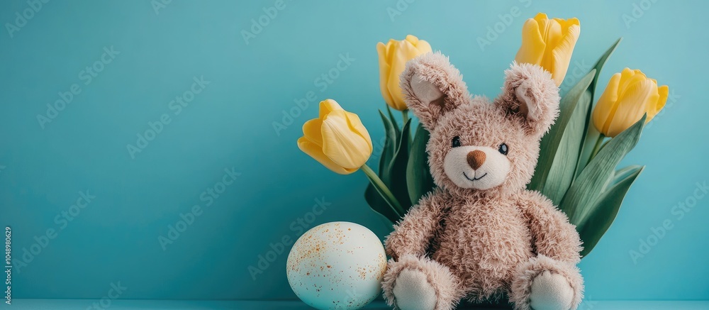 Poster easter arrangement featuring an adorable teddy rabbit toy yellow tulips and a large egg against a bl