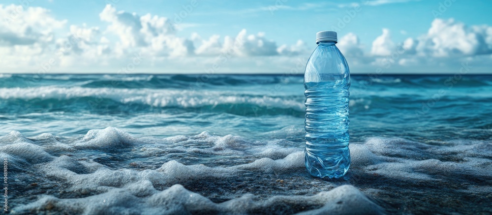 Poster Closeup of a plastic bottle filled with fresh water by the sea Room for text. with copy space image. Place for adding text or design