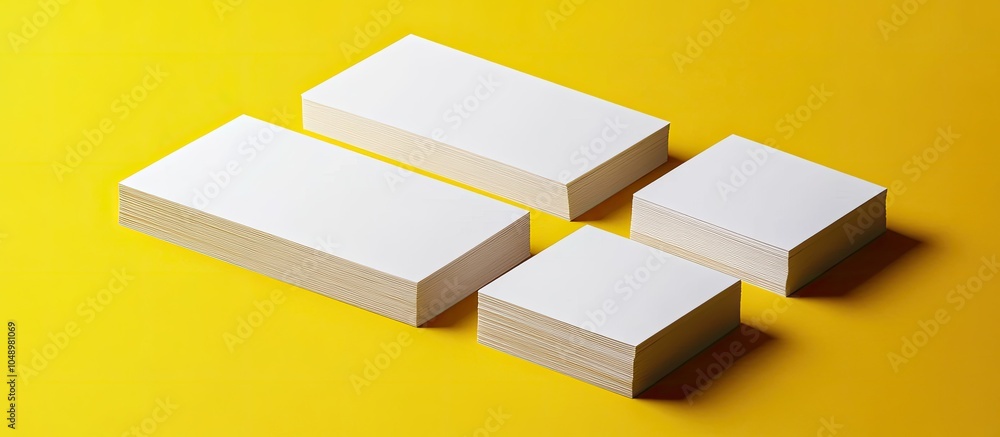 Poster Mockup displaying four stacks of white business cards arranged in rows on a yellow design paper background. with copy space image. Place for adding text or design