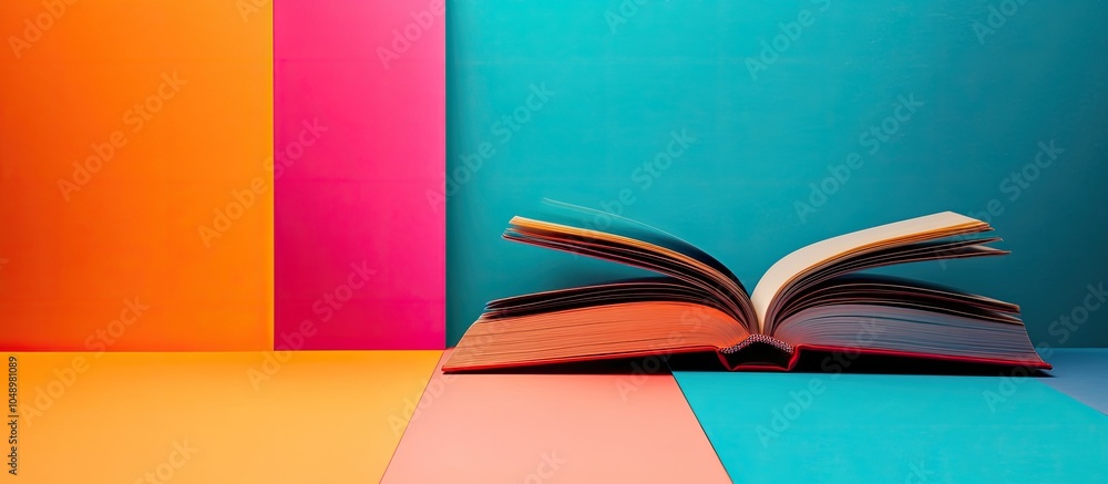 Poster open book and hardback books on a vibrant colorful background back to school copy space for text