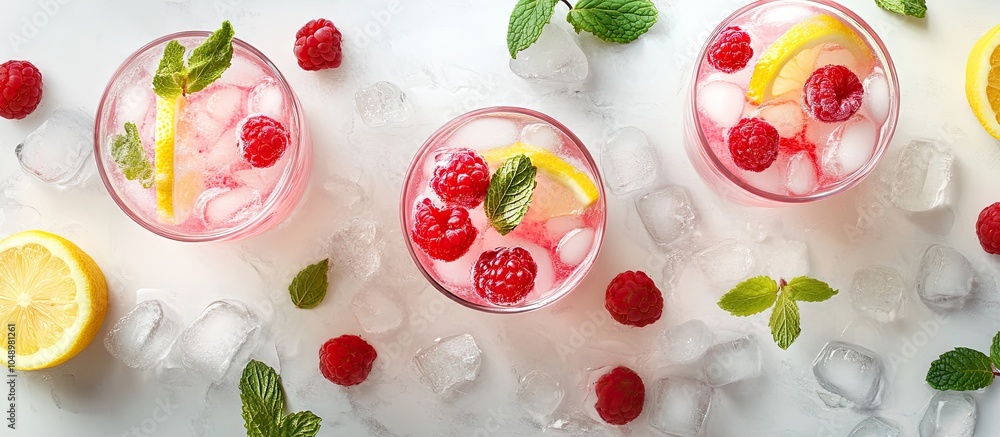 Poster refreshing summer drinks including fruit and berry raspberry mojito or lemonade with fresh mint froz