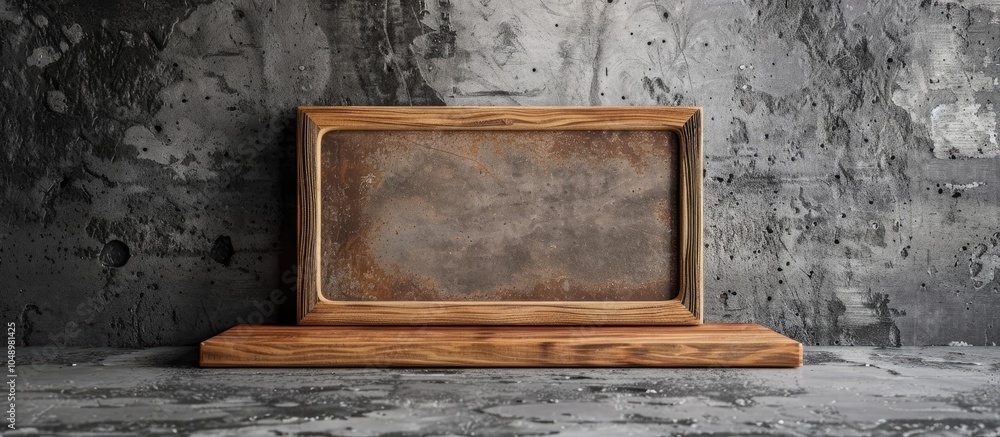 Aufkleber empty wooden frame for a message or poster positioned on a wooden board against a background of text