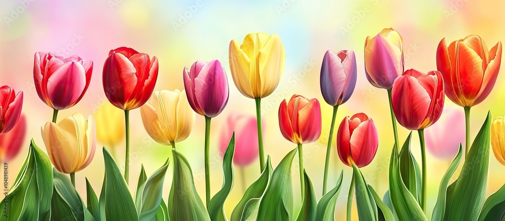 Poster Vibrant colorful tulips spring backdrop Close up. with copy space image. Place for adding text or design