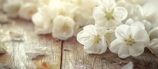 Fototapeta premium White flowers on a wooden surface Design for Mother s Day or Easter Spring season. with copy space image. Place for adding text or design