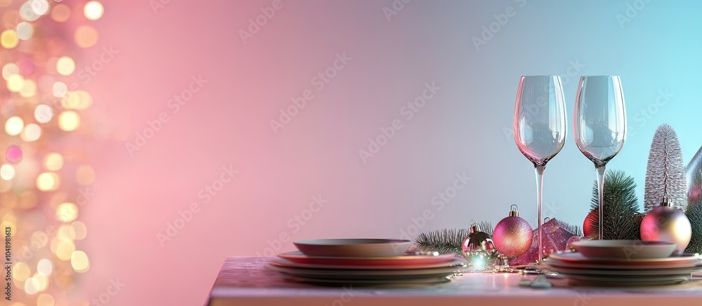 Poster Beautifully arranged table for a Christmas celebration against a colored background. with copy space image. Place for adding text or design