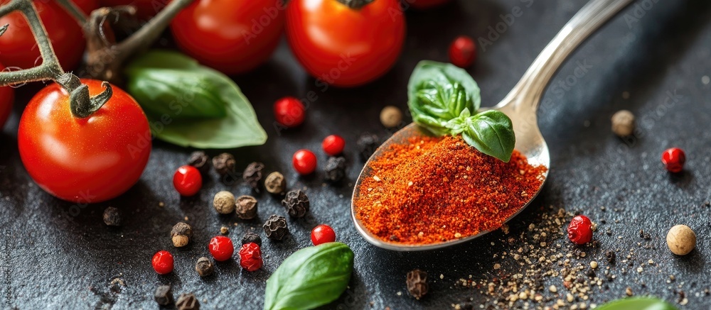 Poster a spoon filled with spices including paprika basil pepper and thyme accompanied by cherry tomatoes. 