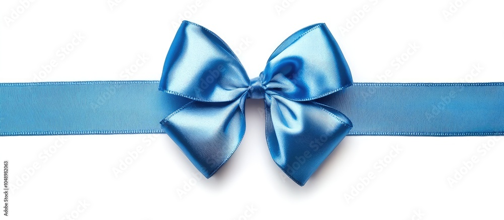 Poster blue satin gift bow ribbon isolated against white background. with copy space image. place for addin