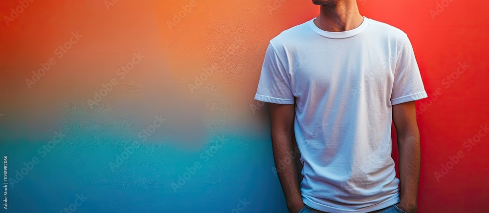 Poster Man wearing a fashionable t shirt against a colorful background. with copy space image. Place for adding text or design