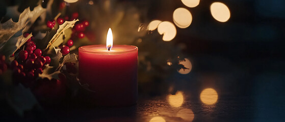 Single Red Candle Burning with Holly and Berries in a Dark Setting, Single Red Candle Burning with Holly and Berries in a Dark Setti
