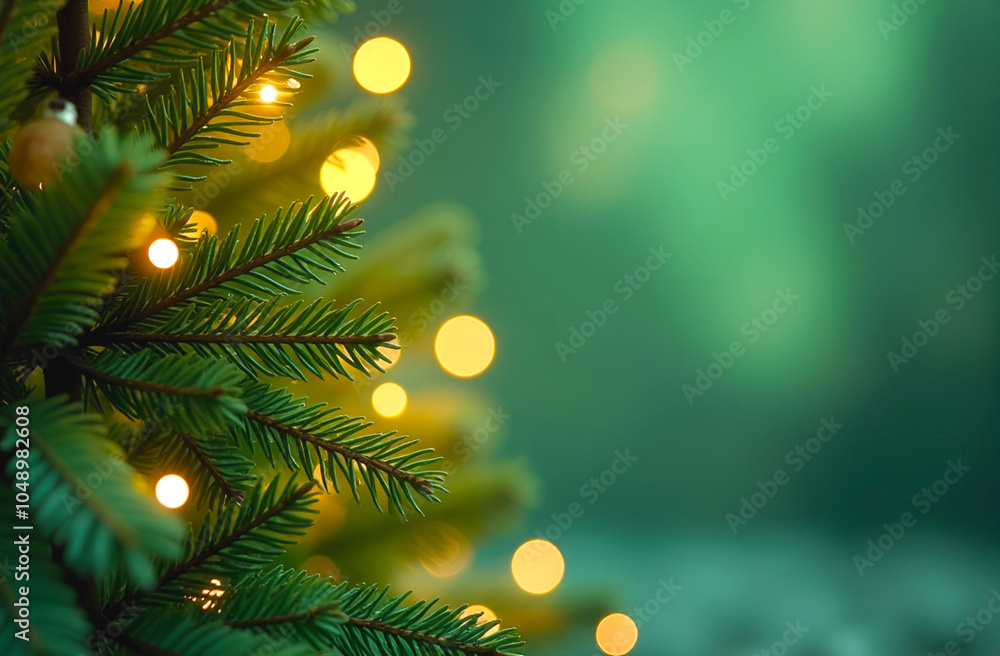 Wall mural green defocused background and a christmas tree infront with yellow lights and bokeh. copy space on 