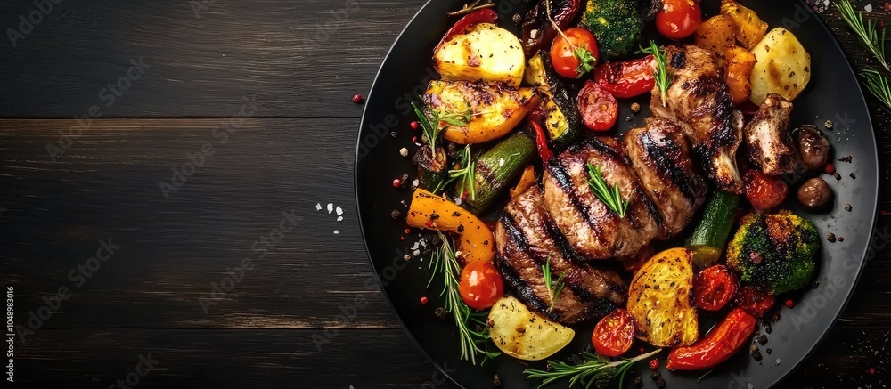Poster grilled vegetables and meat. with copy space image. place for adding text or design