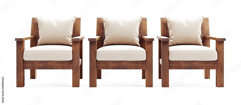 Poster Wooden chairs with cushions set against a white background. with copy space image. Place for adding text or design