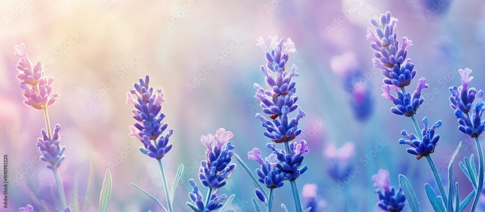 Poster a vertical image of fragile lavender flowers blossoming in a garden. with copy space image. place fo