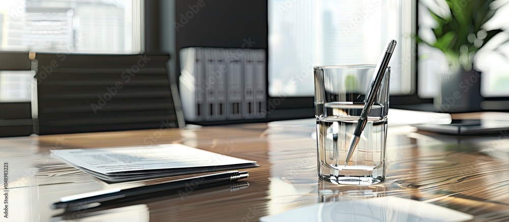 Poster A glass containing pens and paper on the office desk. with copy space image. Place for adding text or design