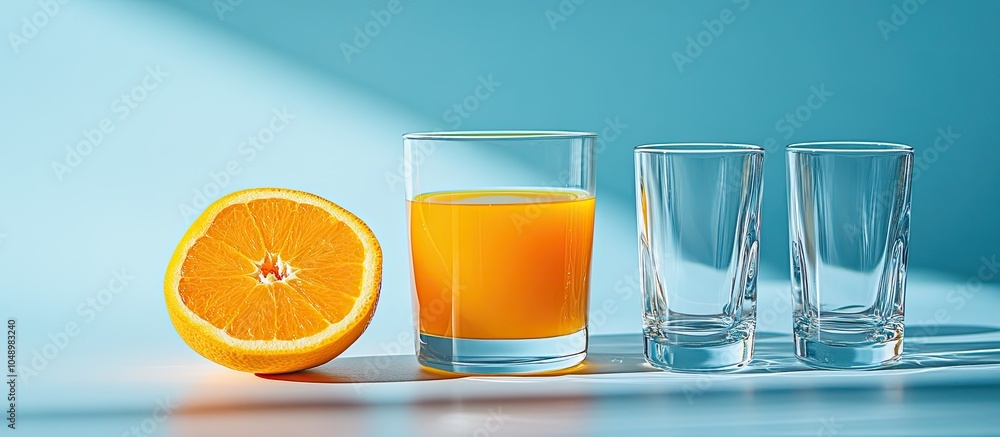 Poster A group of glasses filled with orange juice and three empty glasses for water on a clean bright background This concept promotes a healthy lifestyle or caters to a service. with copy space image