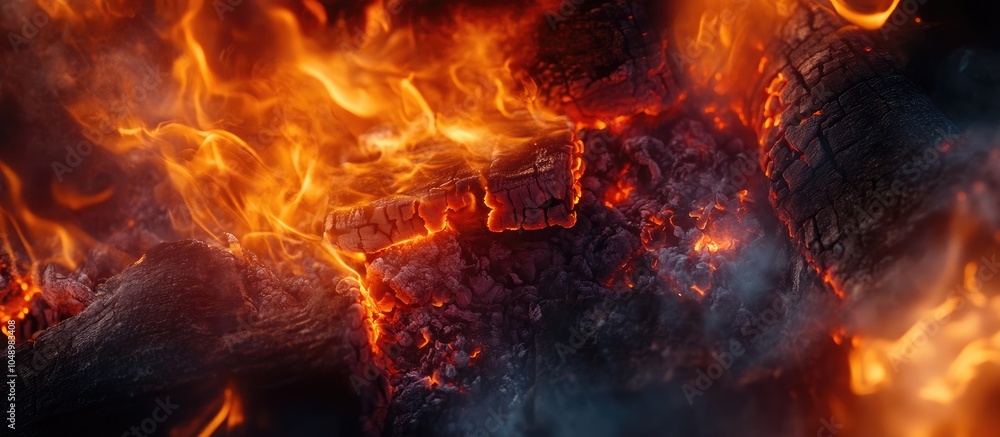 Poster logs smoldering in a bright fire up close a moody background featuring a campfire flame an incredibl