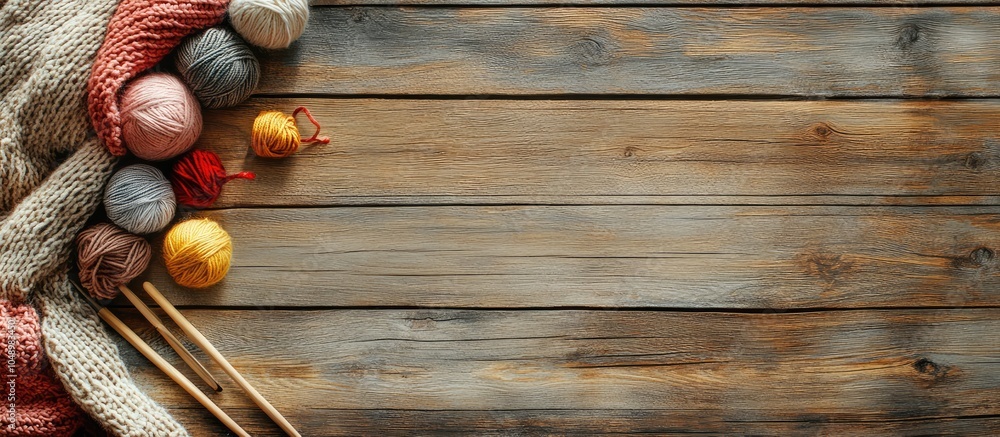 Poster Knitting tools on a wooden surface. with copy space image. Place for adding text or design