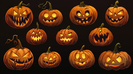 Set of Halloween pumpkin faces with a variety of scary and happy expressions 