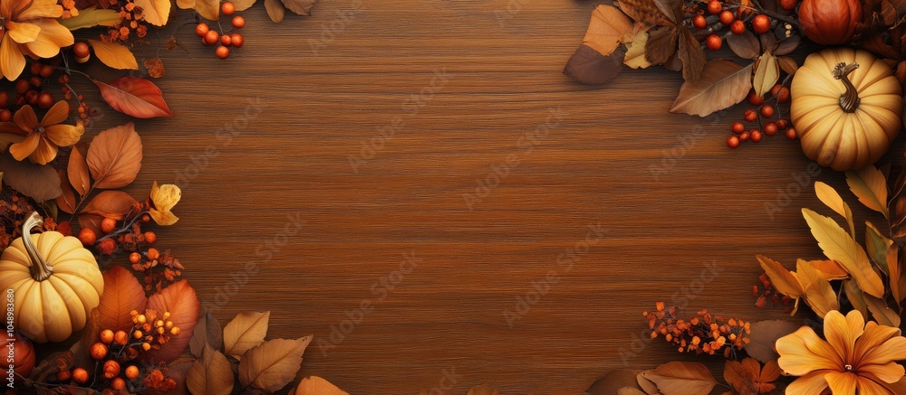 Poster autumn backdrop featuring leaves berries flowers and pumpkins in shades of orange yellow and red set