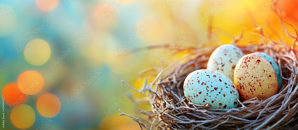 Fototapete nest with lovely easter eggs set against a colorful background close up. with copy space image. plac