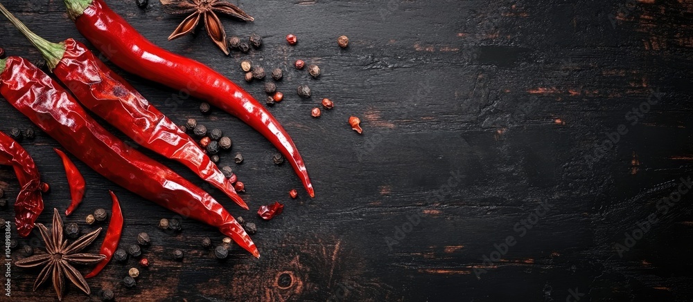 Leinwandbilder chili and anise on dark boards. with copy space image. place for adding text or design