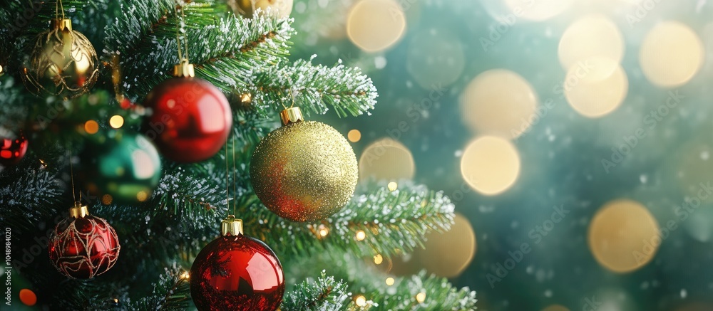 Poster Close up of a decorated Christmas tree featuring colorful ornaments. with copy space image. Place for adding text or design