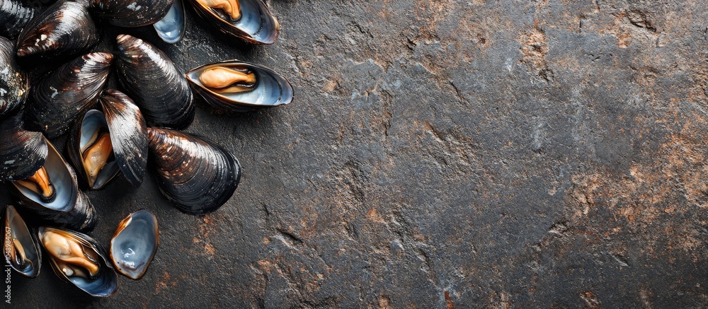 Poster mussels on a stone concrete surface top view copy space square crop
