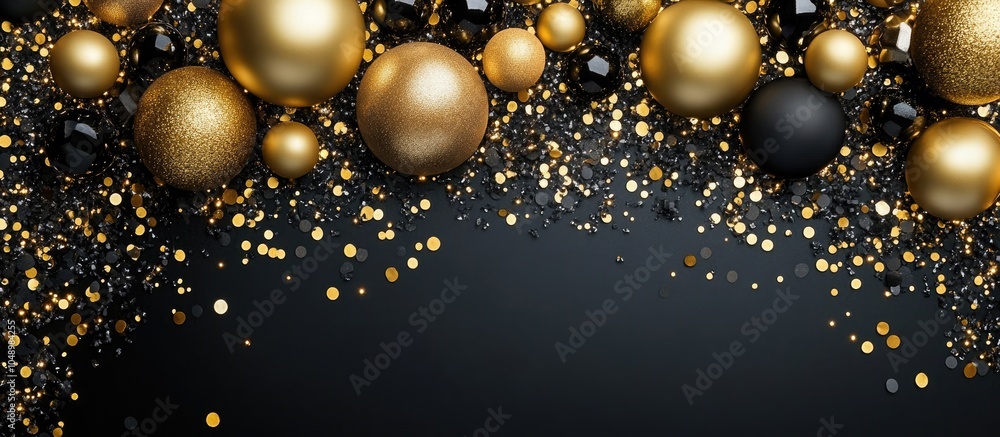 Poster Birthday party backdrop Gold and black colors Flat lay top view. with copy space image. Place for adding text or design