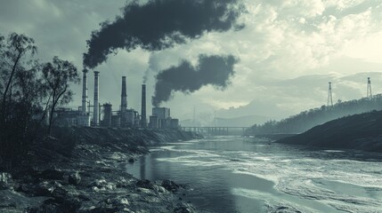 Fototapeta premium Polluted river with smoke coming out of the factories
