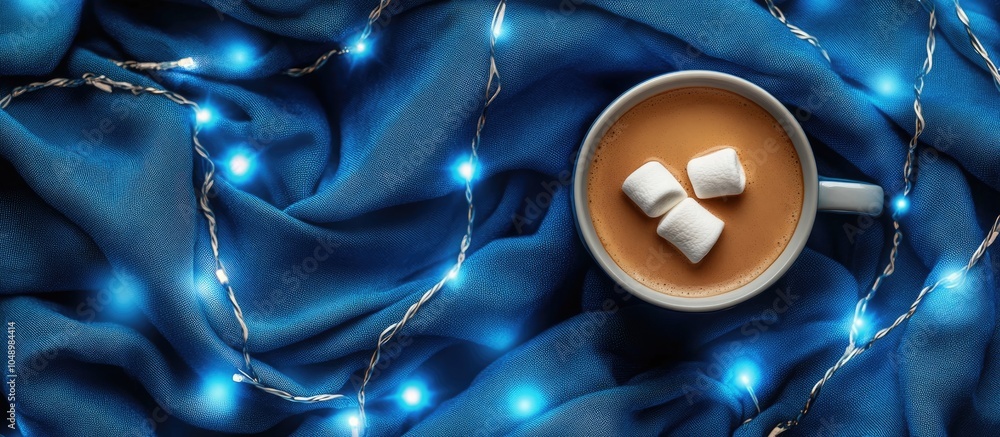 Aufkleber a cup of hot coffee with a marshmallow sits on a blue fabric background adorned with christmas blue 