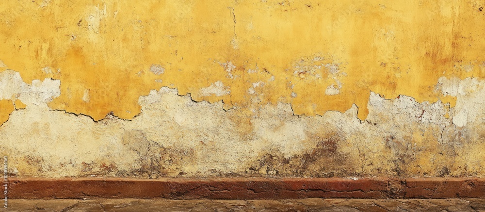 Aufkleber a worn yellow wall with peeling paint and a brown stripe along the bottom. with copy space image. pl