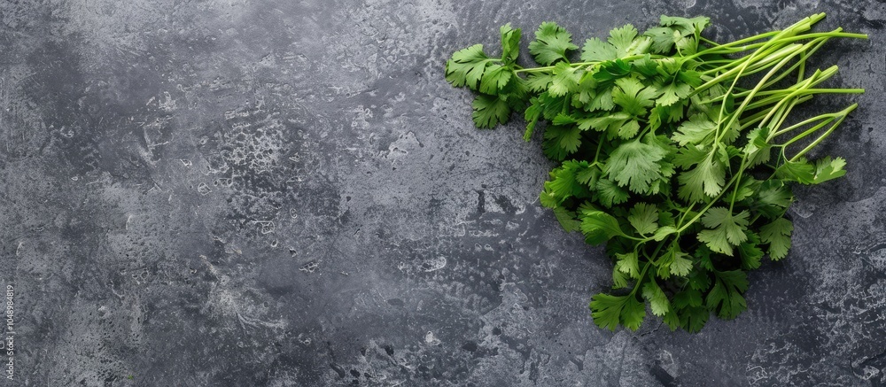 Fototapete A group of fresh fragrant cilantro on a grey table viewed from above Area for text. with copy space image. Place for adding text or design