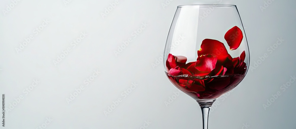 Aufkleber Fresh red rose petals in the wine glass Birthday greeting background Blank space for text. with copy space image. Place for adding text or design