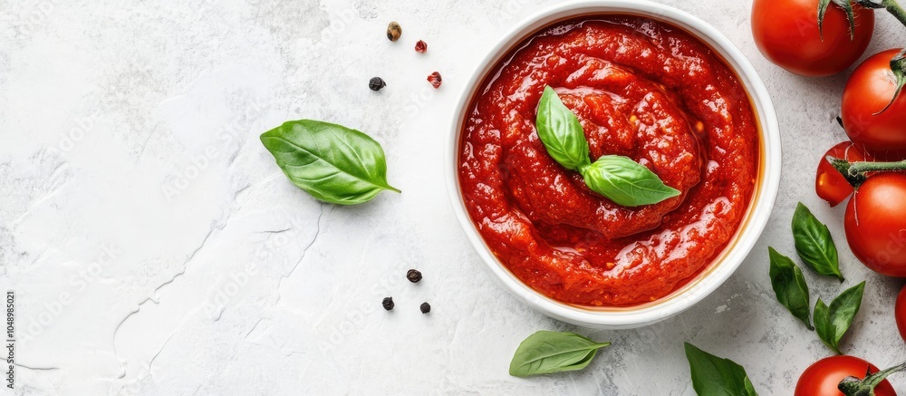 Poster homemade tomato paste in a white bowl top view. with copy space image. place for adding text or desi