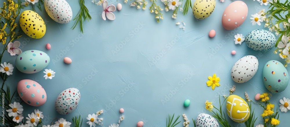 Fototapete Easter greeting card featuring vibrant Easter eggs and flowers Top view flat lay with room for your greetings. with copy space image. Place for adding text or design