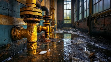 Flooded room with yellow pipes and a window