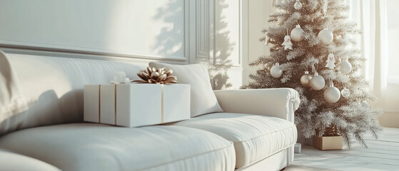 White Sofa with Christmas Tree and Gift Box in a White Room