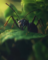 Close-Up View of an Ant on a Green Leaf