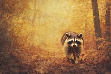 Fototapeta premium A raccoon walking through a forest covered in fallen leaves, with warm golden tones and textured lighting capturing the essence of autumn's beauty
