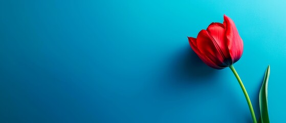 Fototapeta premium A solitary red tulip atop a blue table Nearby, a green stem against a blue backdrop