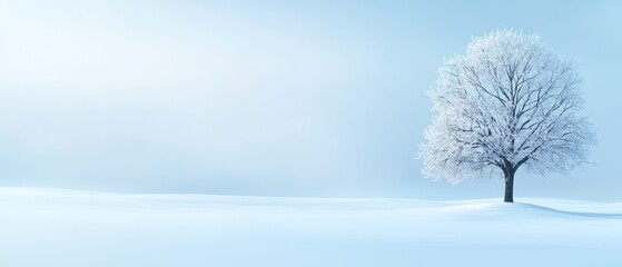 Fototapeta premium A solitary tree stands in a snow-covered field, against a backdrop of a blue sky
