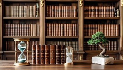  workspace background showcasing a high-end wooden bookshelf with carefully arranged leather-bound books, a decorative gold hourglass, a crystal paperweight