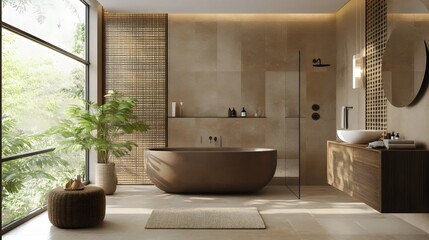 Japandi Style Bathroom Design with Dark Brown Tub, Large Window and Brown Tone Walls and Vanity