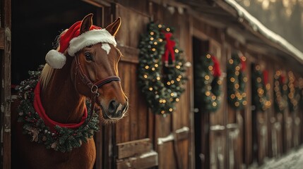 A festive horse in a santa outfit spreading holiday cheer at the stable