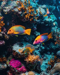 Fototapeta premium Colorful Reef with Parrotfish Feeding in Vibrant Habitat