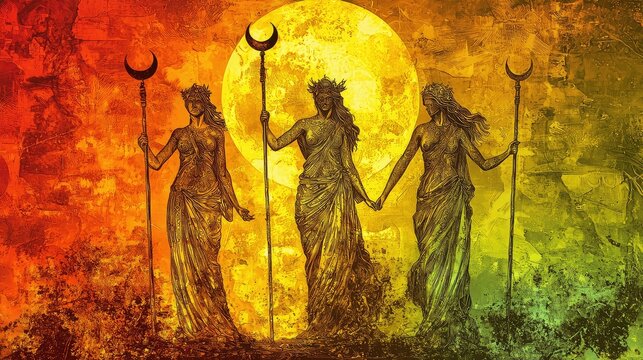 Vibrant Depiction of Hecate's Triple Goddess Form