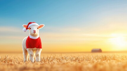 A cute little lamb dressed as santa enjoys a sunset at the farm
