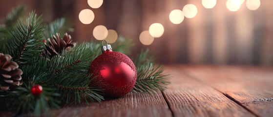 Red Christmas Ornament on Rustic Wooden Table with Pine Branches and Bokeh Lights, Red Christmas Ornament on Rustic Wooden Table with Pine Branches